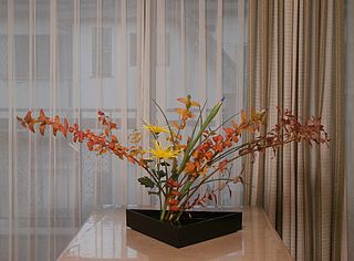 いけばな作品・ヒペリカム（紅葉）、糸菊、アイリス　真横