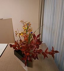 いけばな作品・ヒペリカム（紅葉）、糸菊、アイリス　やや上