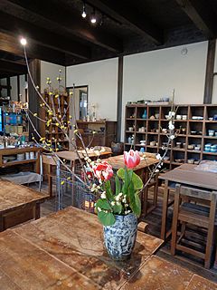 いけばな作品・サンシュユ、白梅、チューリップ、石蕗の葉