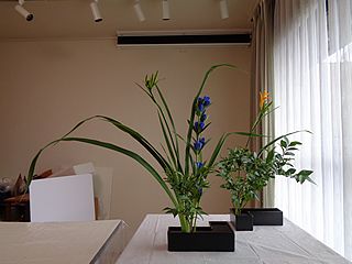 いけばな作品・イボタ、カンゾウ、リンドウ