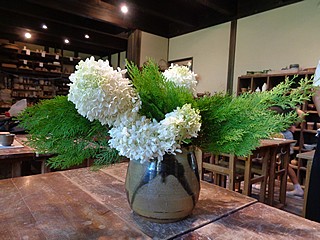 いけばな作品・アジサイ、コノテガシワ